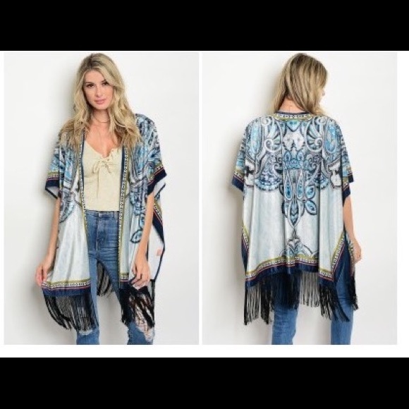 Navy  print kimono with fringe bottom /split sides - Picture 2 of 2